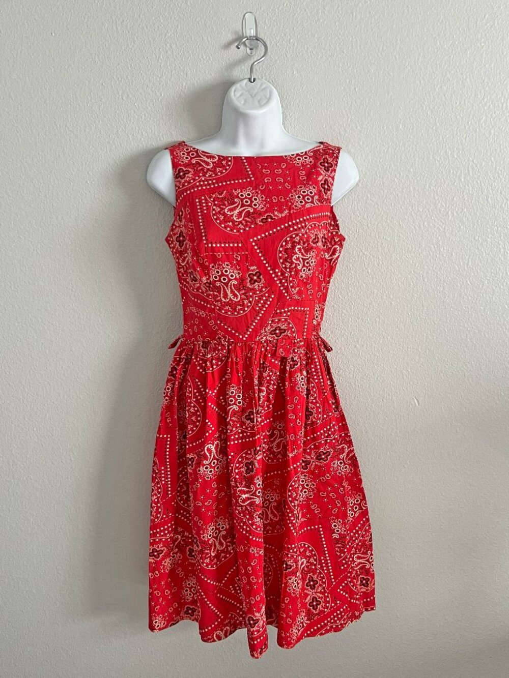 50s 60s Vintage A-Line Red Bandana Pattern Boat Neck Retro Dress Size S